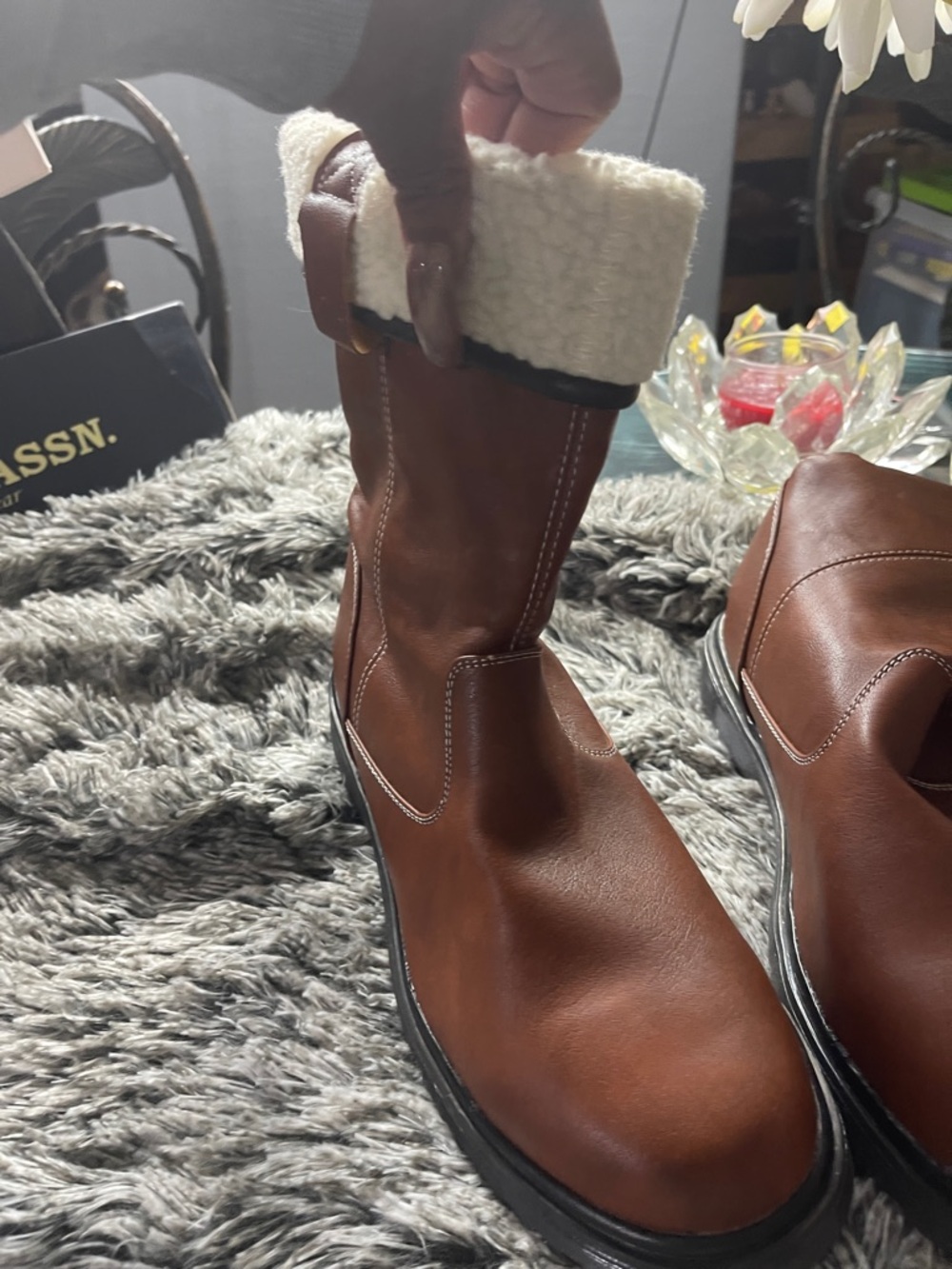 Men's Brown Leather Shearling-Lined Pull-On Boots